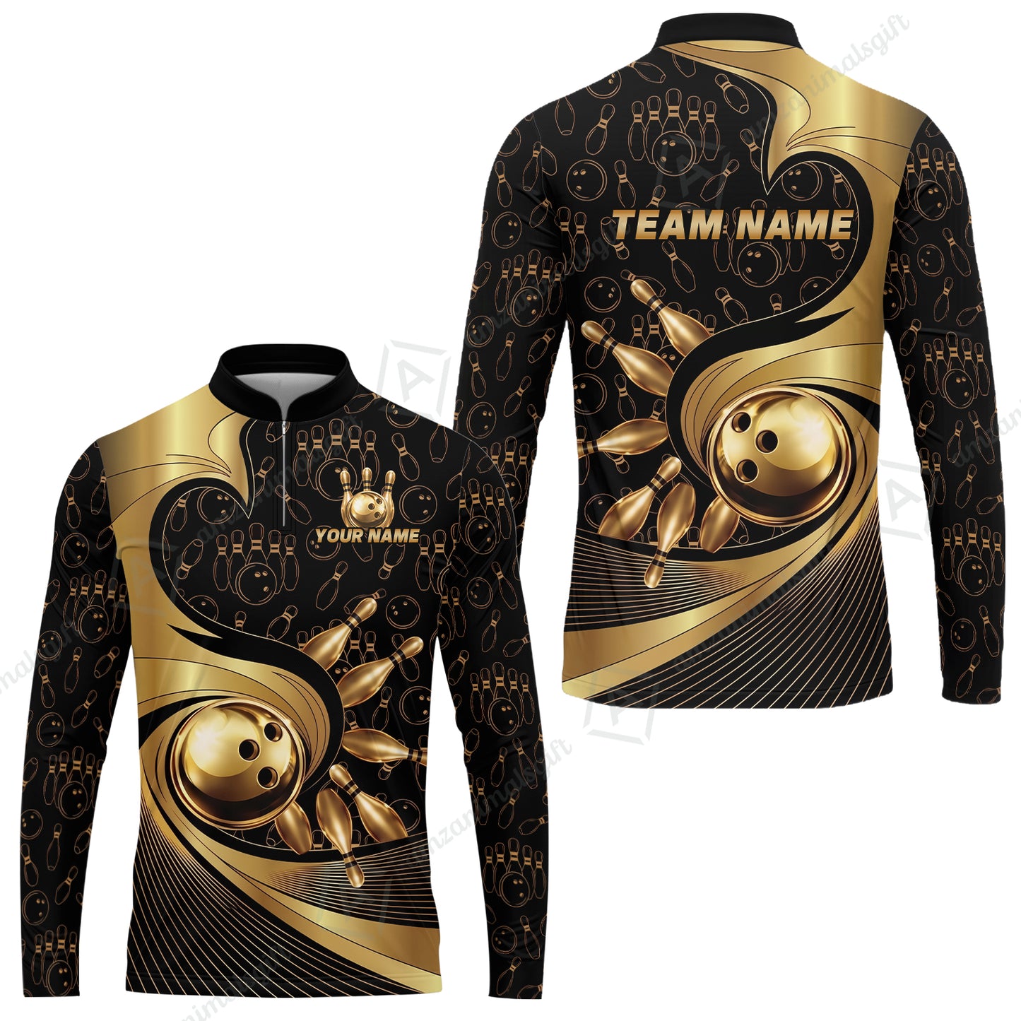 Custom Bowling Jersey Polo Shirt, Bowling Gold Swirling Pattern, Personalize Name and Team Name