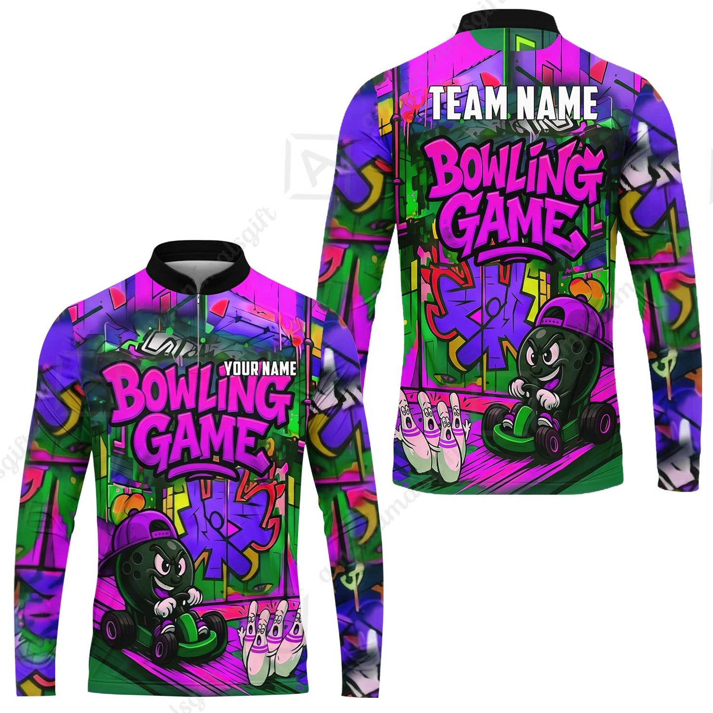 Custom Bowling Jersey Polo Shirt, Street Graffiti Go Kart Ball, Custom Bowling Jersey Team Shirt For Players With Name and Team Name