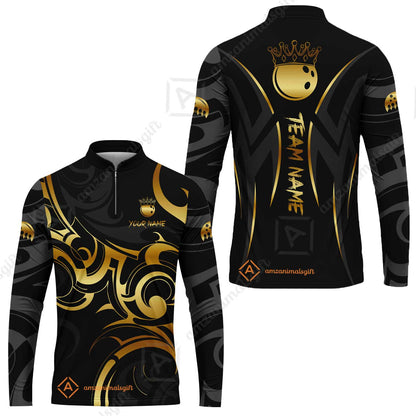 Customized Bowling Team Long Sleeve Jersey, Bowling Swirling Fire Flames Gold And Black Style Long Sleeve Jersey