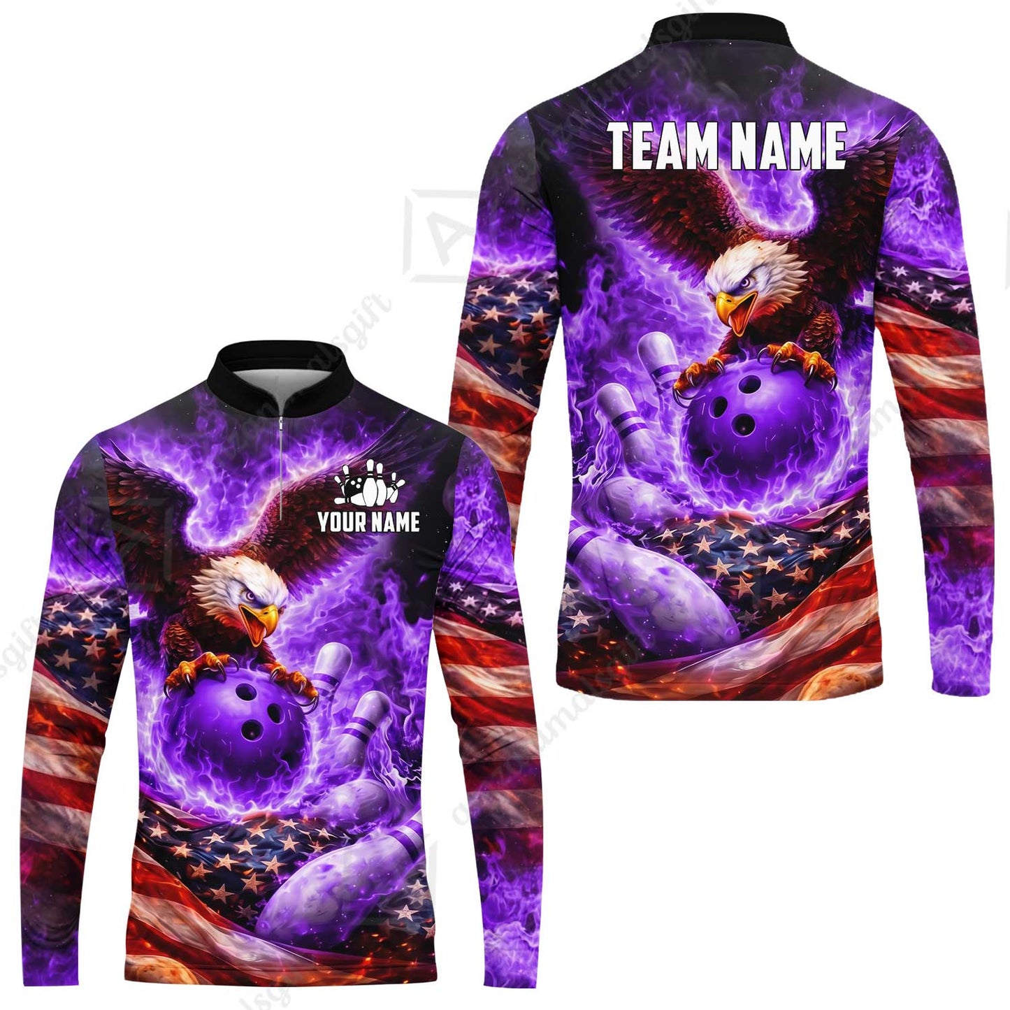 Custom Bowling Jersey Polo Shirt, Patriotic Blue Fire Eagle, Custom Bowling Jersey Team Shirt For Players With Name and Team Name