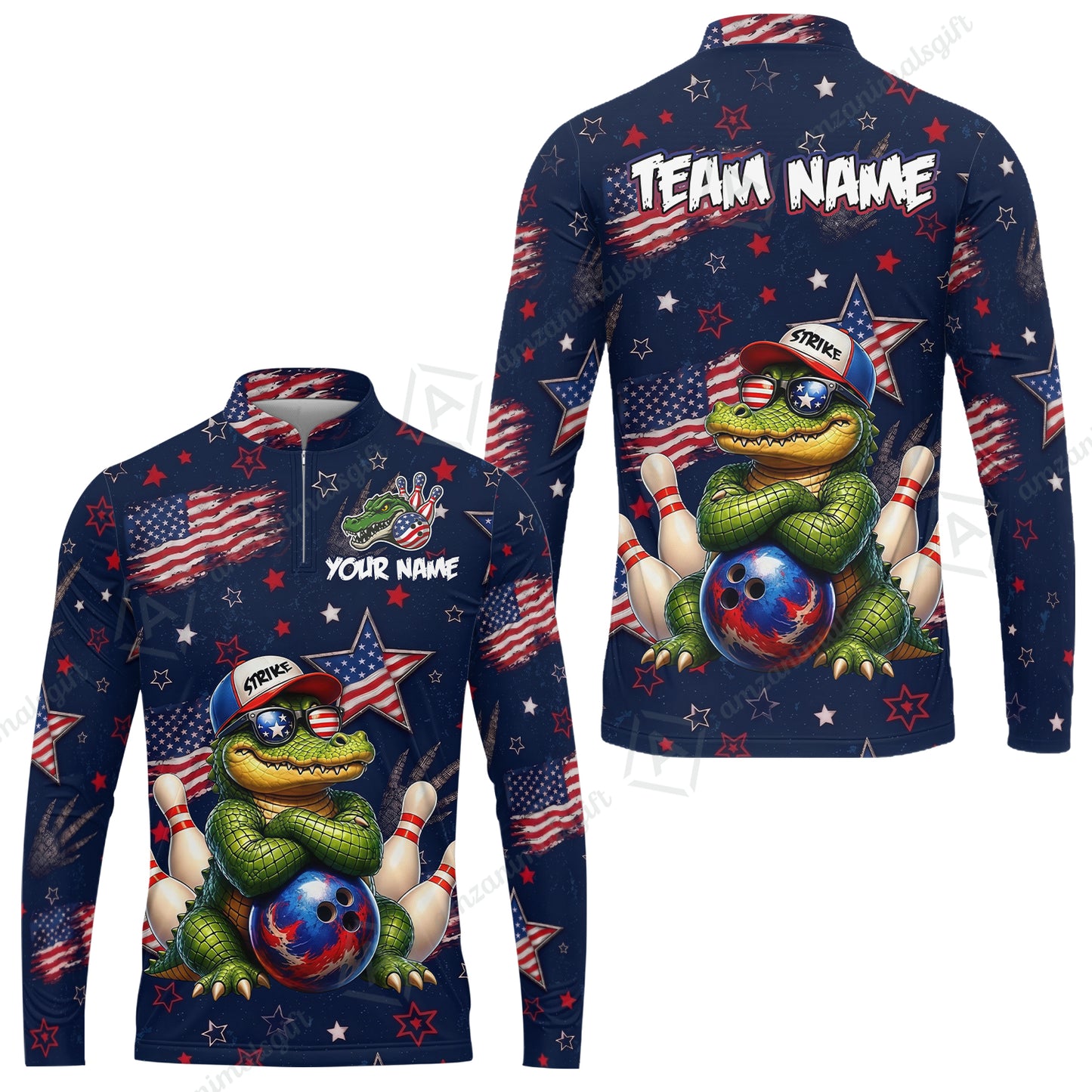 Custom Bowling Jersey Polo Shirt, Cool Patriotic Alligator Mascot, Custom Bowling Jersey Team Shirt For Players With Name and Team Name