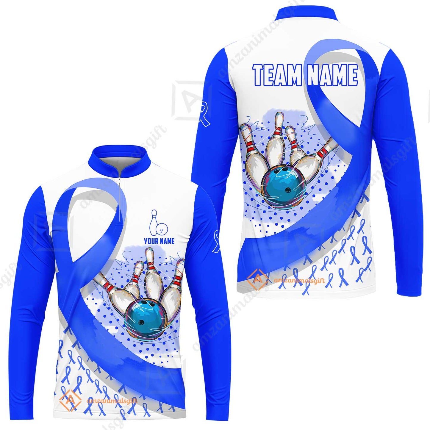 Custom Bowling Team Jersey Shirts, Blue Ribbon and Ball Hitting Pins Shirt, Personalized Team & Player Bowling Jersey
