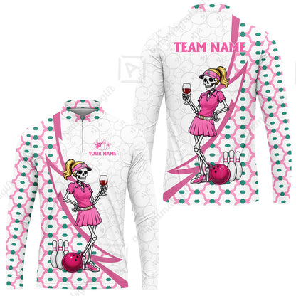 Custom Bowling Jersey Polo Shirt, Pink Skeleton Bowling, Personalize Name and Team Name
