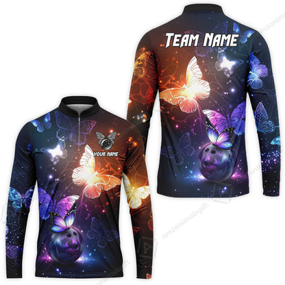 Custom Bowling Jersey Polo Shirt, Magical Glowing Butterfly Galaxy Pattern, Custom Bowling Jersey Team Shirt For Players With Name & Team Name