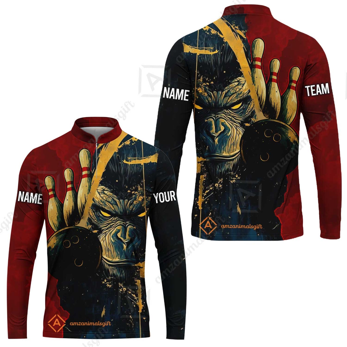 Custom Team Name Bowling Team Jersey - Bowling uniforms Godzilla KingKong Pattern Bowling Quarter-Zip Polo Shirts - Uniform Shirt For Bowlers