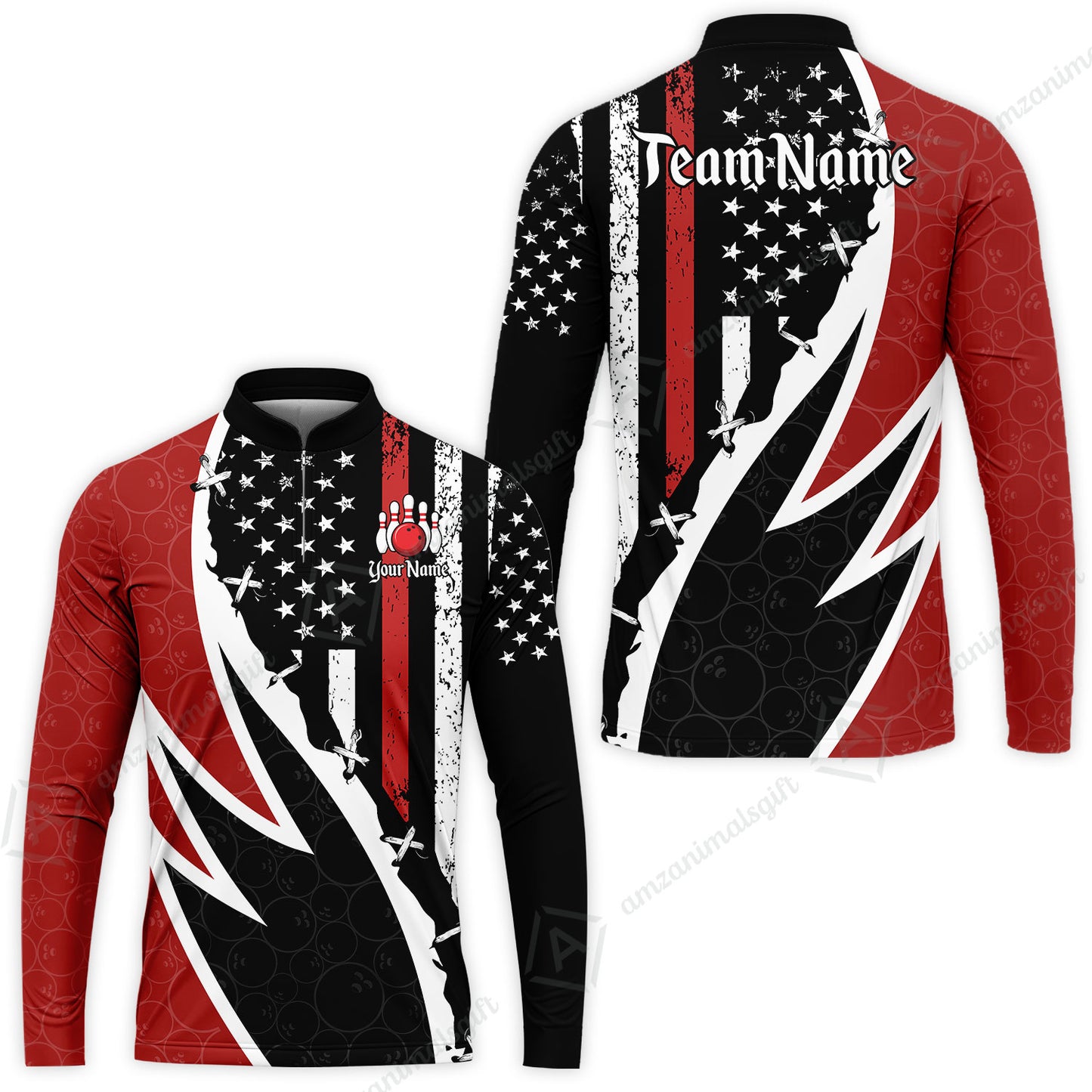 Custom Bowling Jersey Polo Shirt, Thin Red Line With Vintage Distressed American Flag, Personalize Name and Team Name