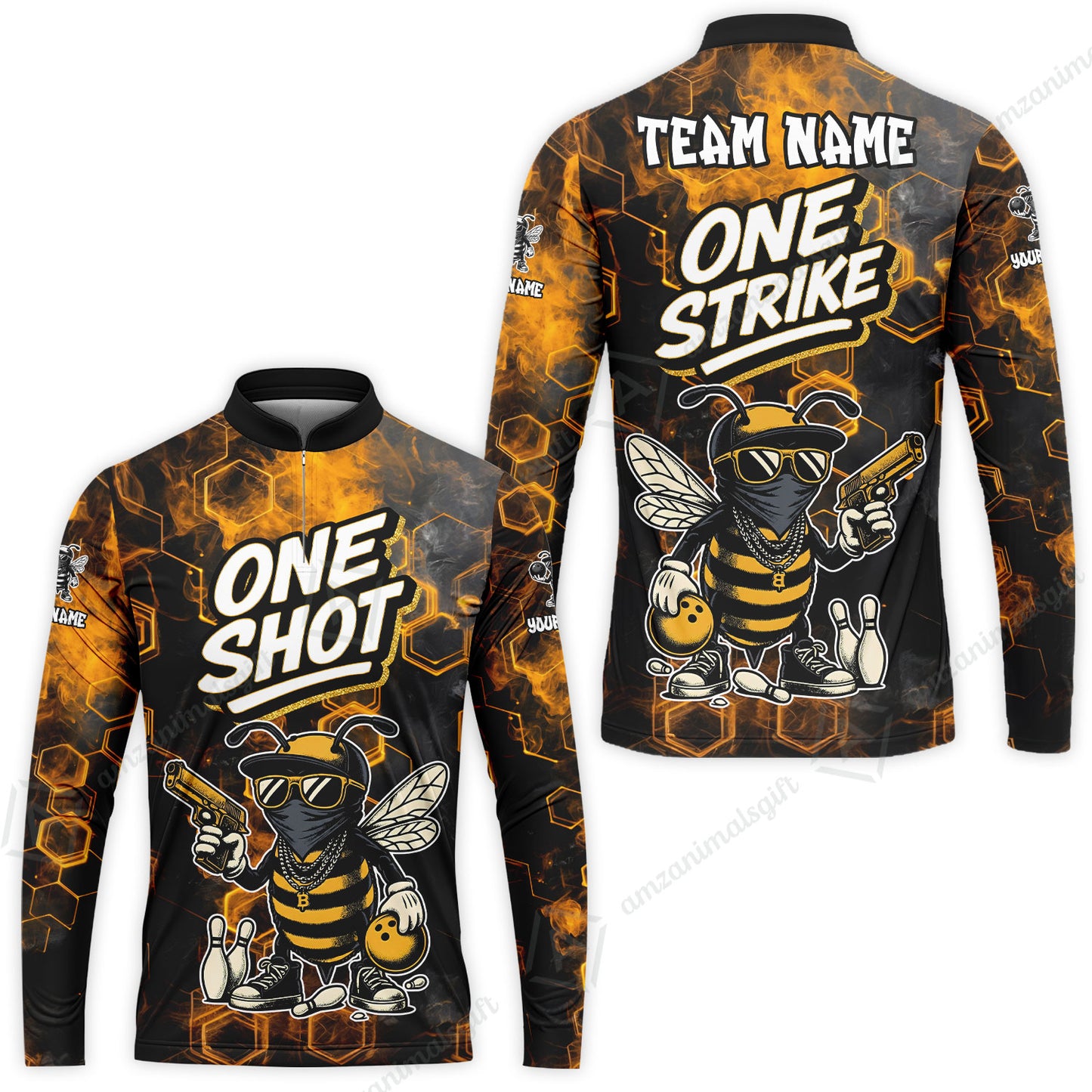Customized Bowling Unisex Polo Shirt, One Shot HipHop Bee Bowling, Bowling Uniform - Personalized Name And Team Name