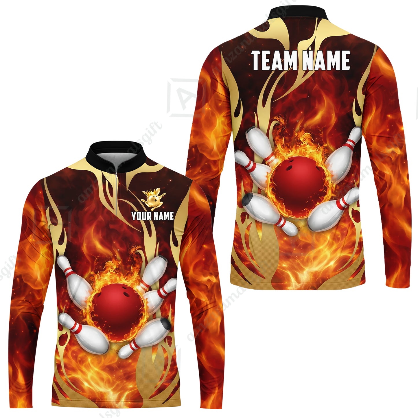 Custom Bowling Jersey Polo Shirt, Abyssal Fire & Golden Flames, Custom Bowling Jersey Team Shirt For Players With Name & Team Name