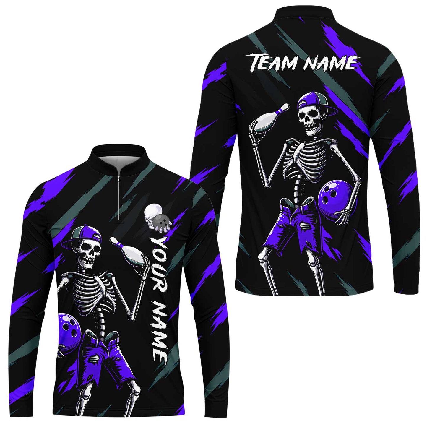 Customized Bowling Shirt, Bad Boy Skeleton Bowler, Personalized Polo Shirt For Players With Name & Team Name