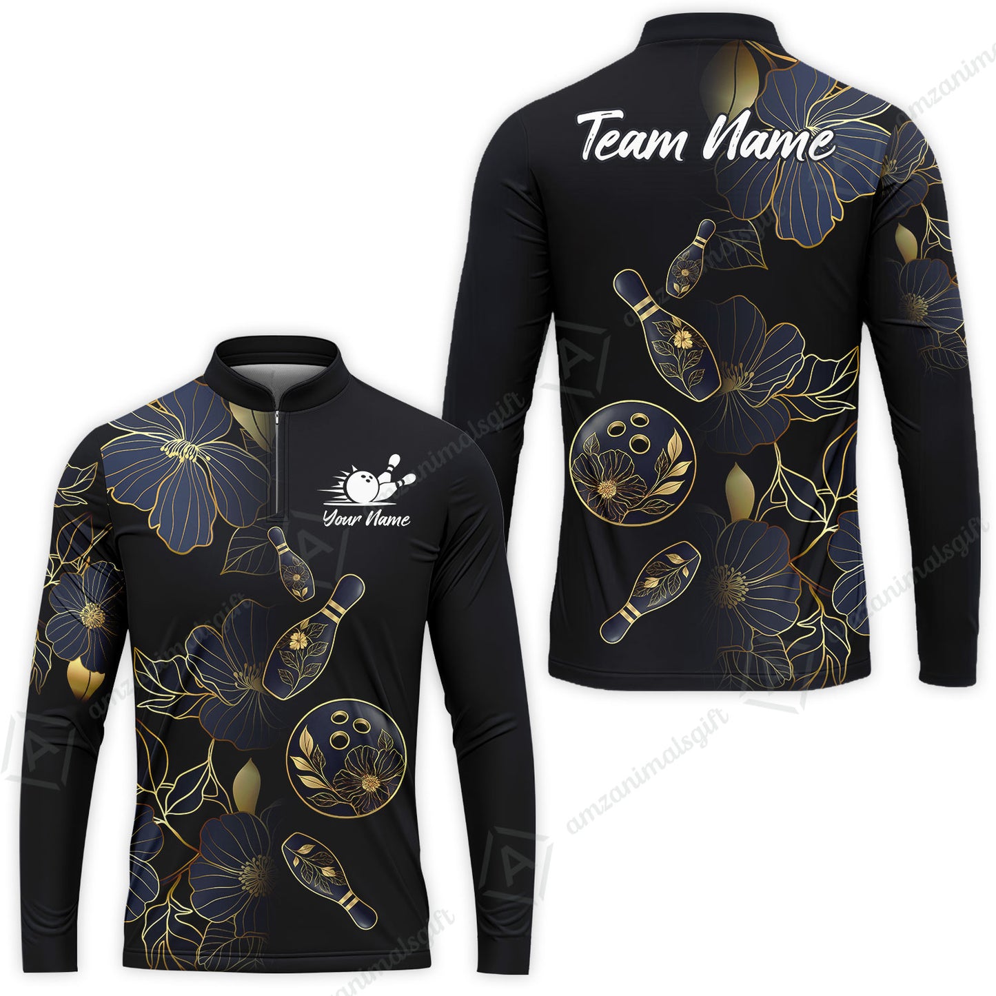 Custom Bowling Jersey Polo Shirt, Flower Bowling Pattern Gradient Gold, Custom Bowling Jersey Team Shirt For Players With Name and Team Name