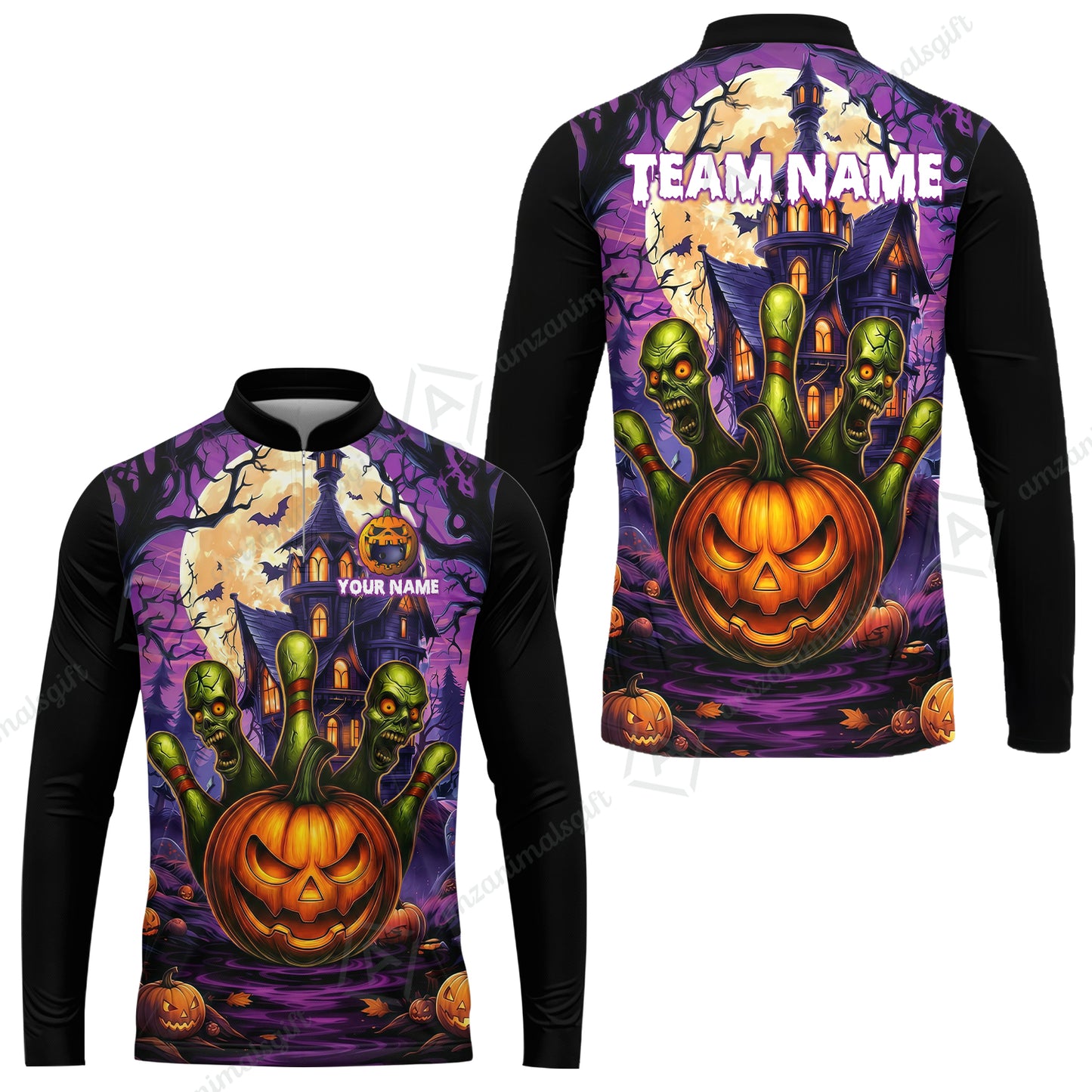 Custom Halloween Bowling Short Sleeve Men Polo Shirt, Halloween Pumpkin Zombie Pins Personalized Shirt with Name and Team Name, Custom Bowling Team Uniforms Jerseys