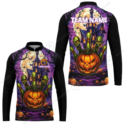 Custom Halloween Bowling Short Sleeve Men Polo Shirt, Halloween Pumpkin Zombie Pins Personalized Shirt with Name and Team Name, Custom Bowling Team Uniforms Jerseys