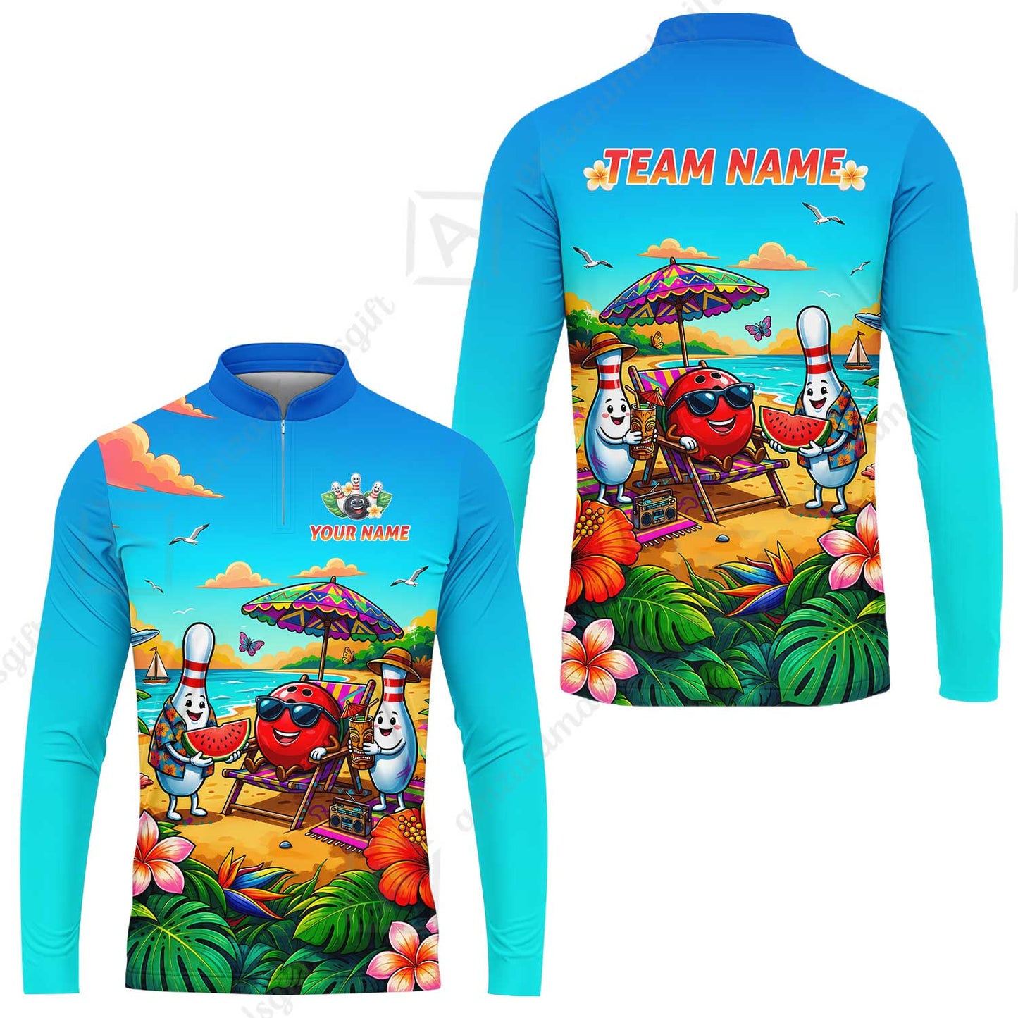 Custom Bowling Jersey Polo Shirt, Tropical Strikes, Custom Bowling Jersey Team Shirt For Players With Name and Team Name