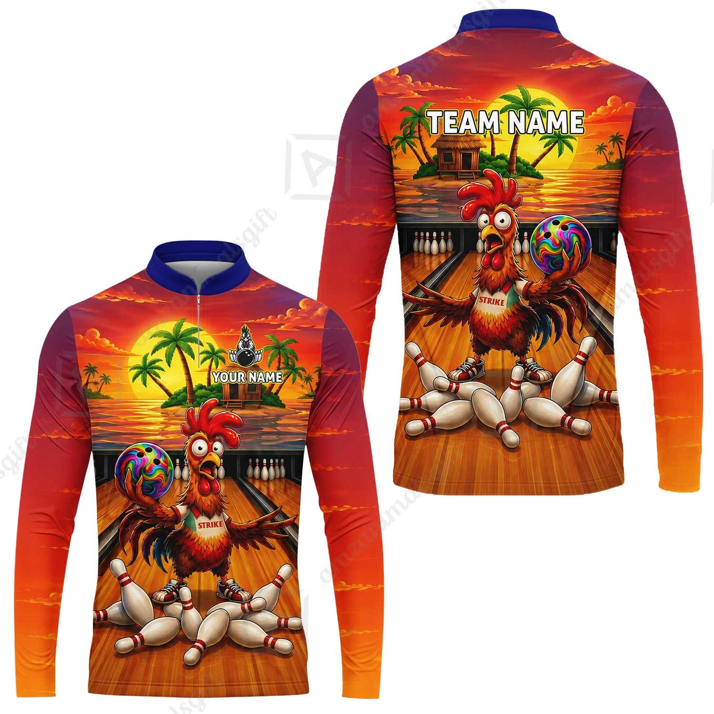 Custom Bowling Jersey Polo Shirt, Funny Tropical Island Rooster Strike, Custom Bowling Jersey Team Shirt For Players With Name and Team Name