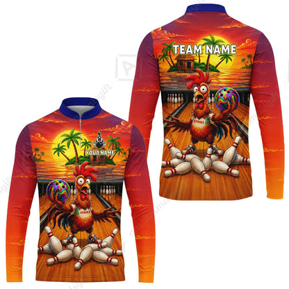 Custom Bowling Jersey Polo Shirt, Funny Tropical Island Rooster Strike, Custom Bowling Jersey Team Shirt For Players With Name and Team Name