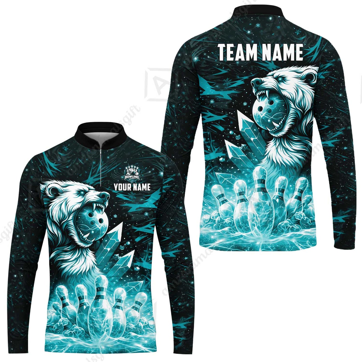 Custom Bowling Jersey Polo Shirt, Arctic Bear & Crystal Galaxy, Custom Bowling Jersey Team Shirt For Players With Name & Team Name