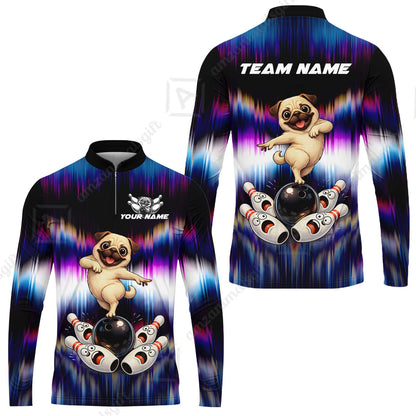 Custom Bowling Jersey Polo Shirt, Neon Cosmic Pug Bowling Custom Bowling Jersey Team Shirt For Players With Name & Team Name