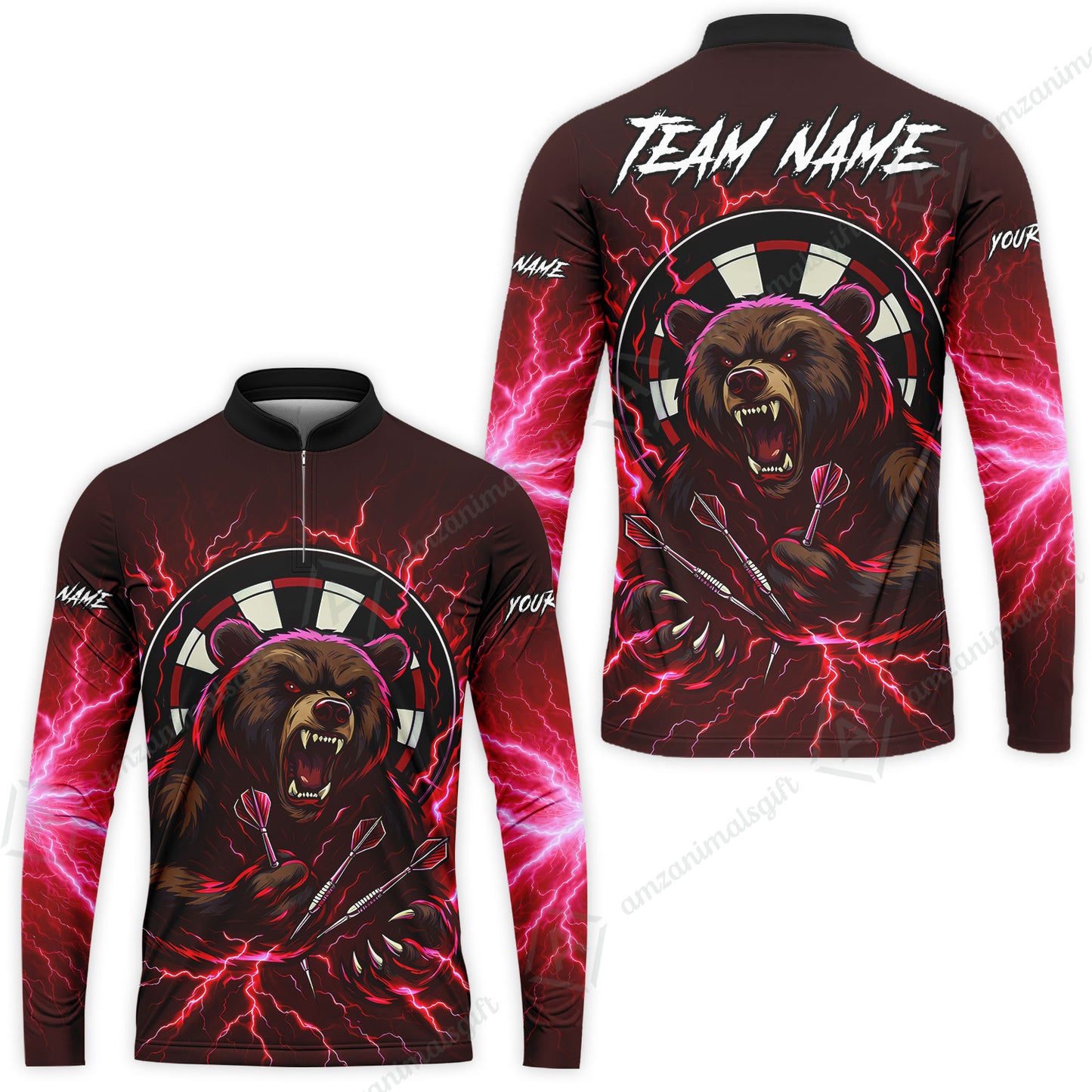 Custom Darts Team Long Sleeve Polo Shirt, Personalized Bear Thunder Lightning Darts Shirt with Name & Team Name