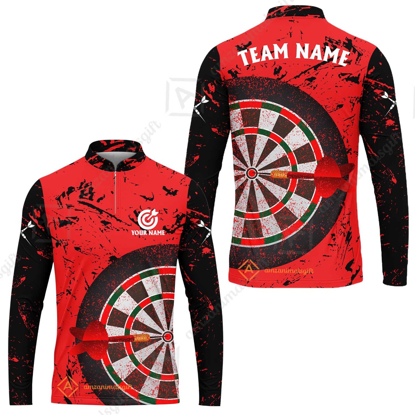 Red Dartboard Pattern Custom Darts Team Jersey Polo Quarter-Zip Shirts, Customized Name Team Name Darts Team Jerseys Uniform