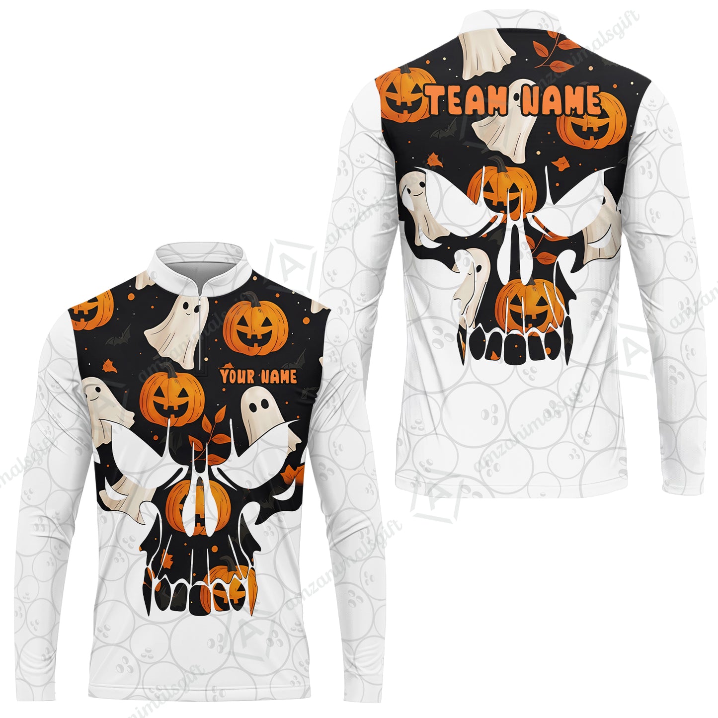 Custom Bowling Jersey Polo Shirt, Halloween Pattern Skull, Custom Bowling Jersey Team Shirt For Players With Name & Team Name
