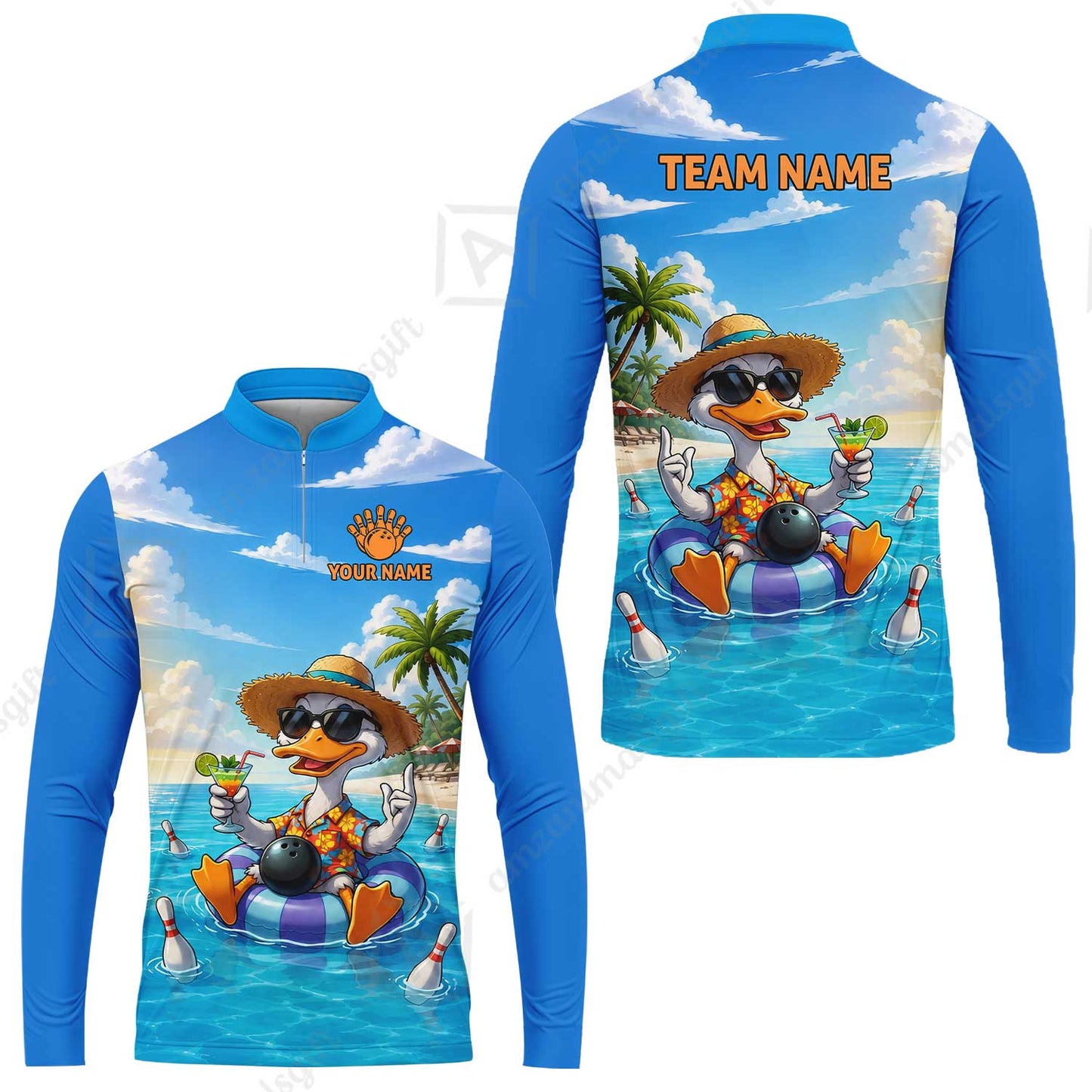 Custom Bowling Jersey Polo Shirt, Tropical Beach Duck Vacation Bowling, Custom Bowling Jersey Team Shirt For Players With Name and Team Name