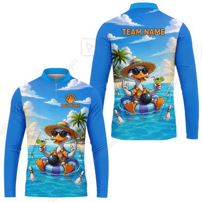 Custom Bowling Jersey Polo Shirt, Tropical Beach Duck Vacation Bowling, Custom Bowling Jersey Team Shirt For Players With Name and Team Name