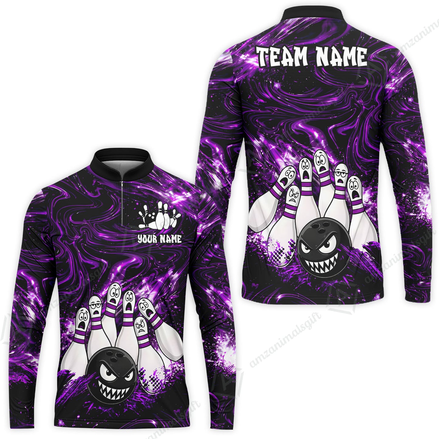 Customized Bowling Unisex Polo Shirt, Bowling Angry Ball VS Screaming Pins, Personalized Name And Team Name