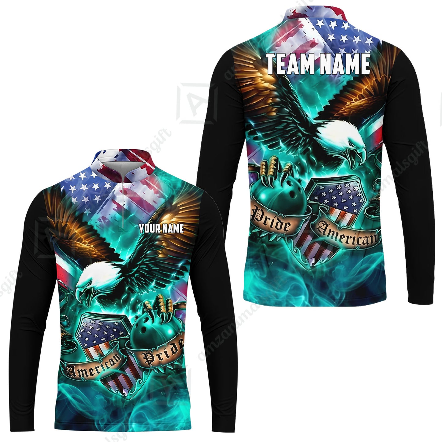 Custom Bowling Jersey Polo Shirt, American Pride Eagle, Personalized Name & Team Name