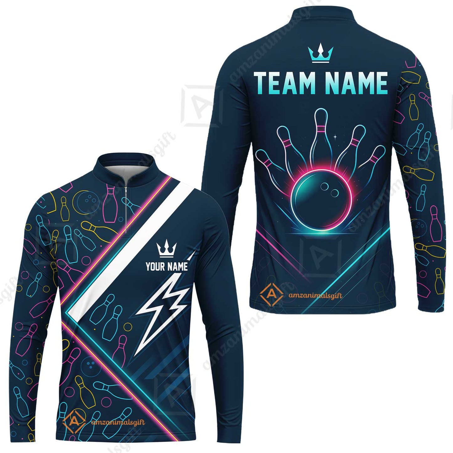 Customized Neon Glow Bowling Long Sleeve Jersey Shirt, Lightning Bolt And Crown Long Sleeve Jersey Shirt For Bowling Team, Bowlers