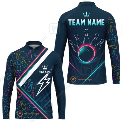 Customized Neon Glow Bowling Long Sleeve Jersey Shirt, Lightning Bolt And Crown Long Sleeve Jersey Shirt For Bowling Team, Bowlers