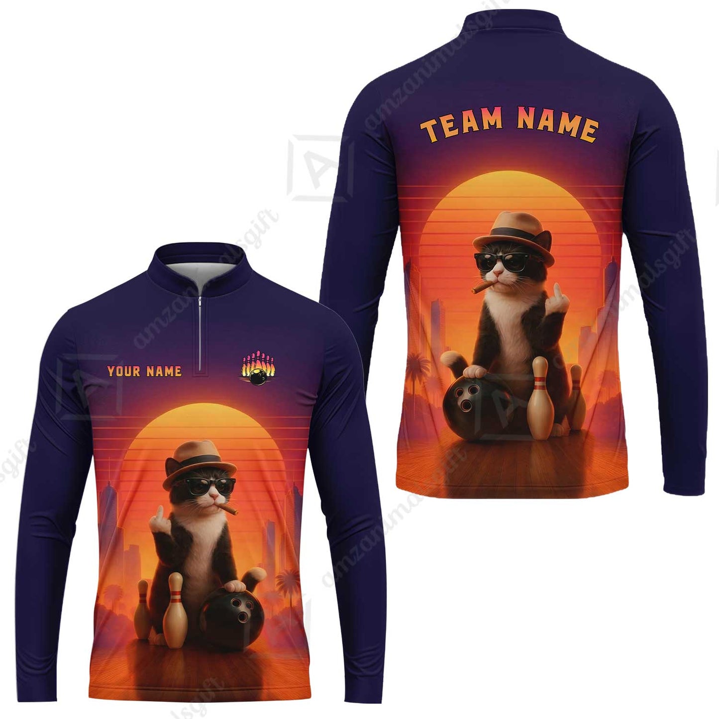 Custom Gangster Cat Bowling Jersey Polo Shirt, Custom Gangster Cat Bowling Jersey Team Shirt For Players With Name & Team Name