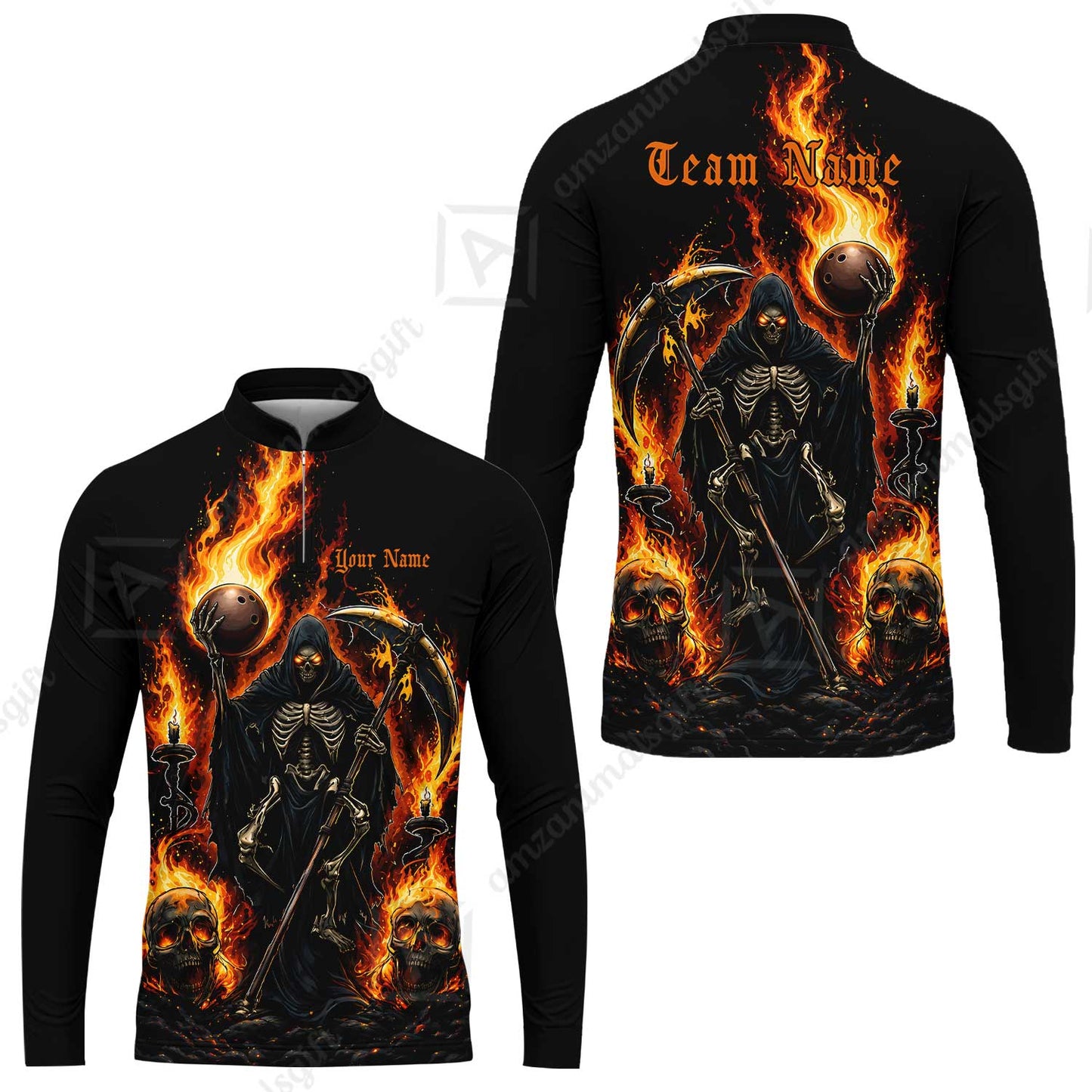 Custom Bowling Jersey Polo Shirt, Hellfire Grim Reaper, Personalize Name and Team Name