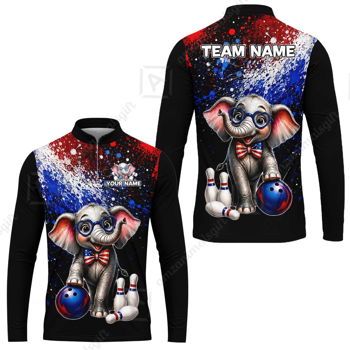 Custom Bowling Jersey Polo Shirt, Patriotic Elephant Bowling, Personalize Name and Team Name