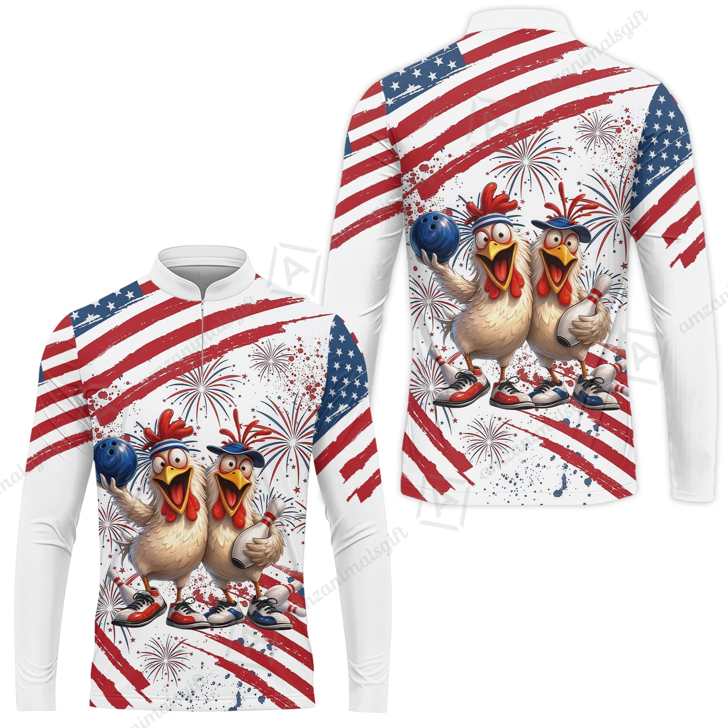 Custom Bowling Jersey Polo Shirt, Funny Patriotic USA Chicken Fireworks, Custom Bowling Jersey Team Shirt For Players With Name & Team Name