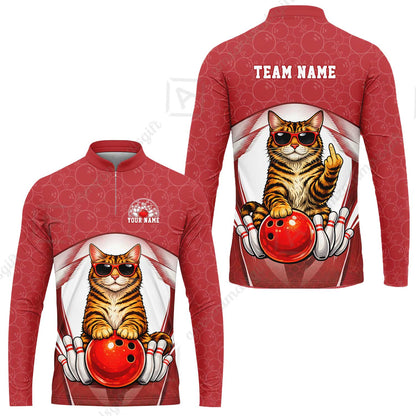 Custom Bowling Polo Shirt, Funny Cat with Sunglasses Bowling Custom Bowling Polo Team Shirt For Players With Name & Team Name