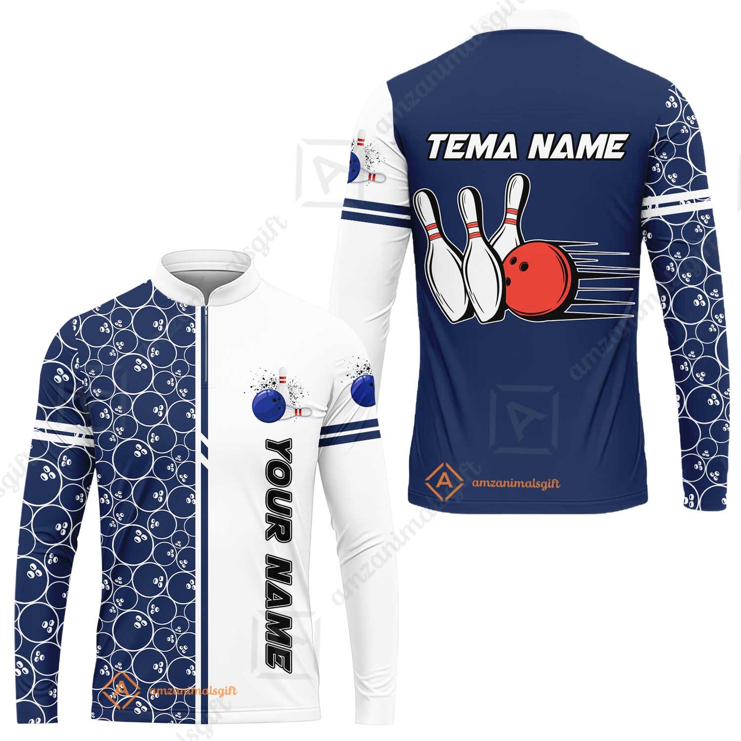 Customized Bowling Team Long Sleeve Jersey Shirt, Bowling White And Blue Pattern Shirt Personalized Name And Team Name