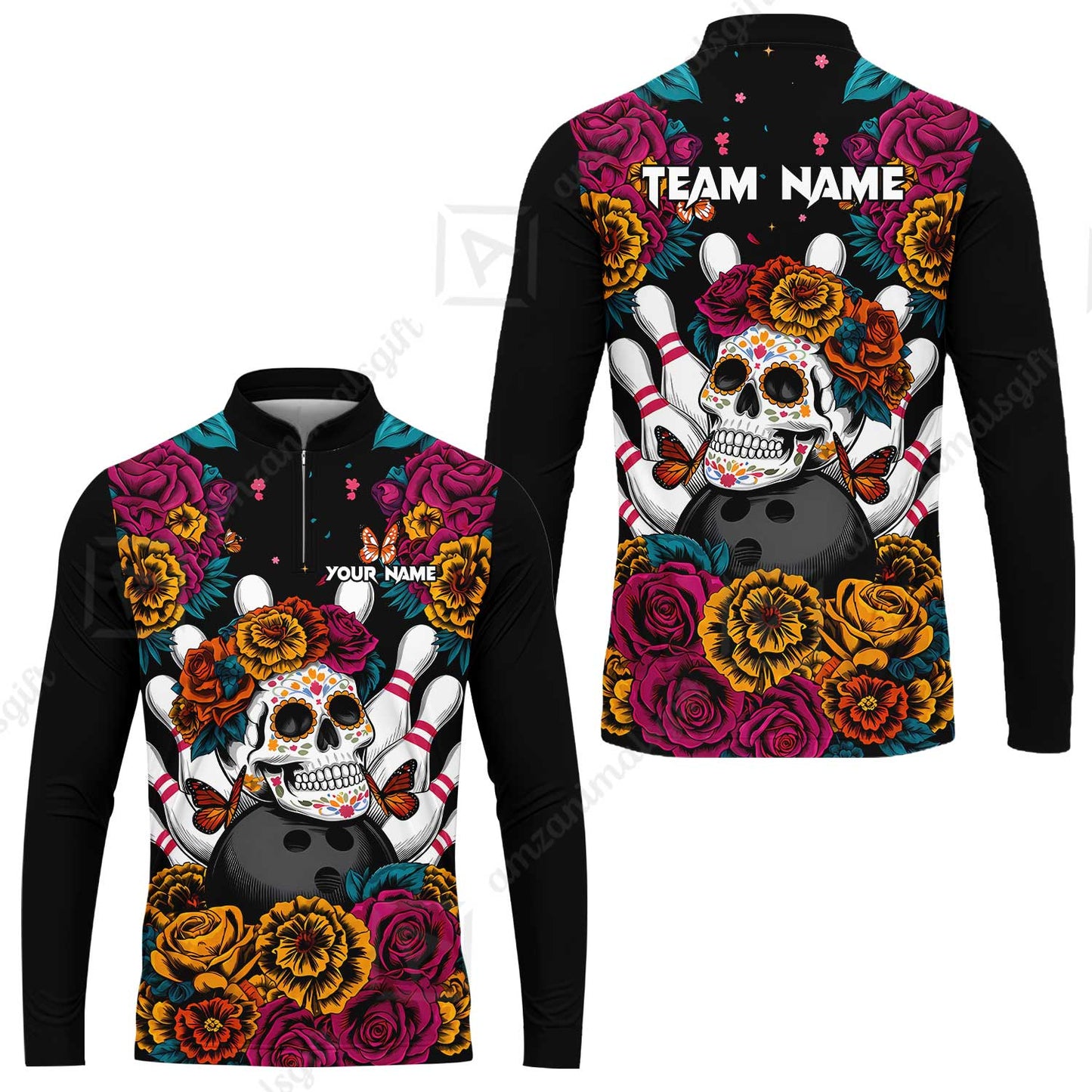 Custom Bowling Jersey Polo Shirt, Floral Skull Bowling, Personalize Name and Team Name