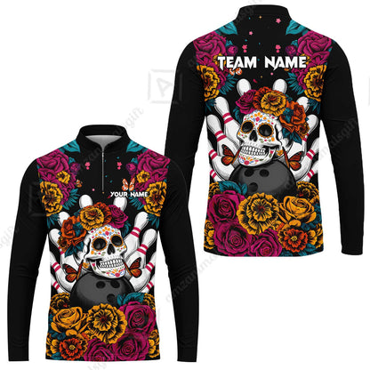 Custom Bowling Jersey Polo Shirt, Floral Skull Bowling, Personalize Name and Team Name