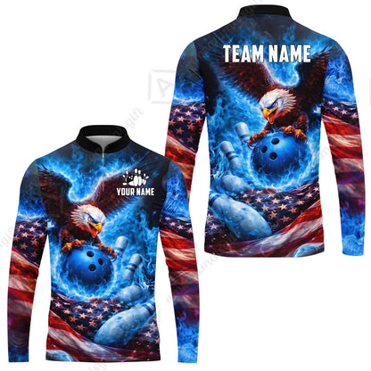 Custom Bowling Jersey Polo Shirt, Patriotic Blue Fire Eagle, Custom Bowling Jersey Team Shirt For Players With Name and Team Name