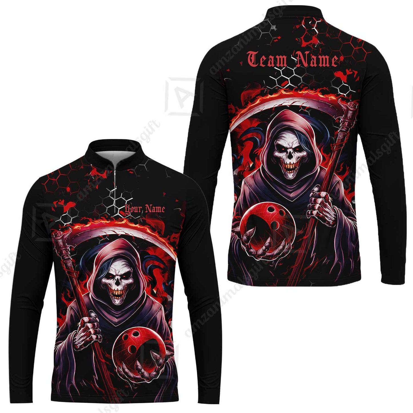 Custom Bowling Jersey Polo Shirt, Red Reaper, Personalized Name And Team Name