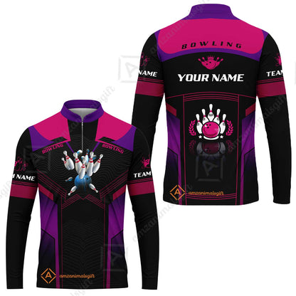Customized Bowling Jersey Shirt, The Blue Bowling Ball Crashing The Pins Purple Pattern Personalized Name Team Name Logo Team For Bowling Team