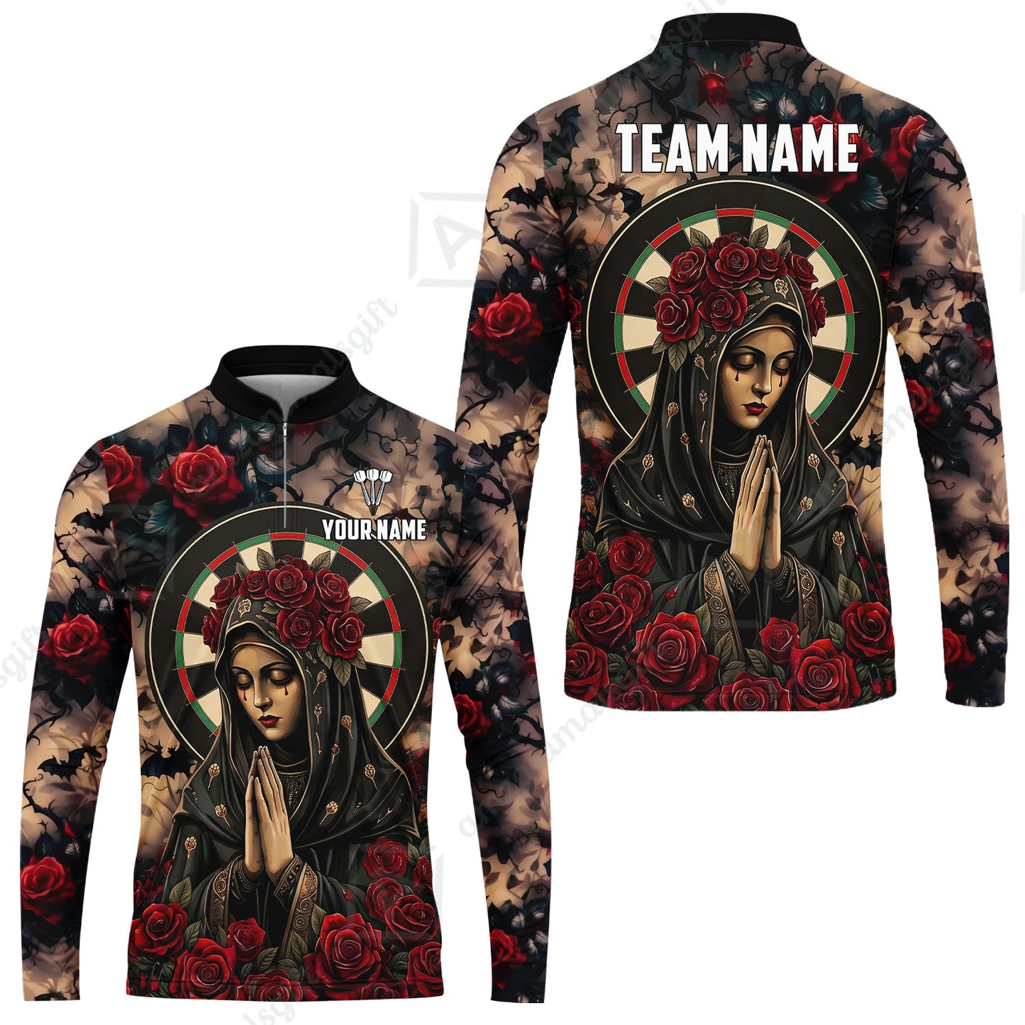 Custom Darts Jersey Polo Shirt, Gothic Madonna And Blue Rose, Custom Dart Jersey Team Shirt For Players With Name & Team Name