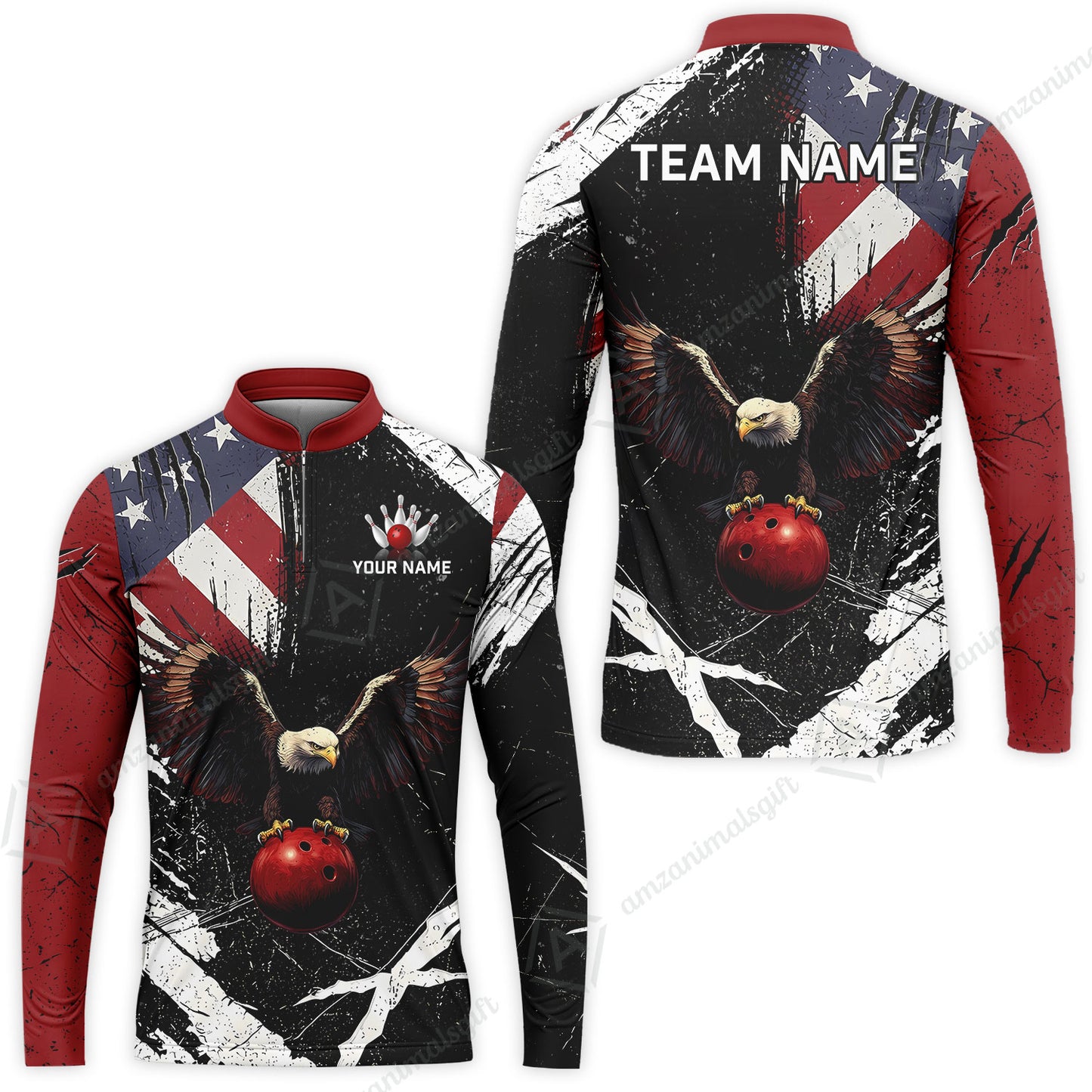 Custom Bowling Jersey Polo Shirt, Patriotic Bald Eagle Distressed American Flag Grunge, Custom Bowling Jersey Team Shirt For Players With Name & Team Name