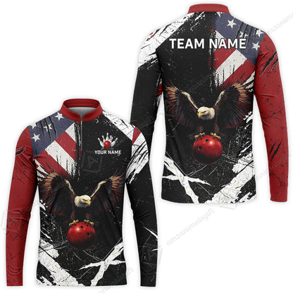 Custom Bowling Jersey Polo Shirt, Patriotic Bald Eagle Distressed American Flag Grunge, Custom Bowling Jersey Team Shirt For Players With Name & Team Name