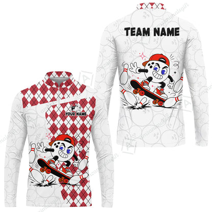 Custom Bowling Jersey Polo Shirt, Skateboarder Bowling Ball Mascot, Custom Bowling Jersey Team Shirt For Players With Name and Team Name
