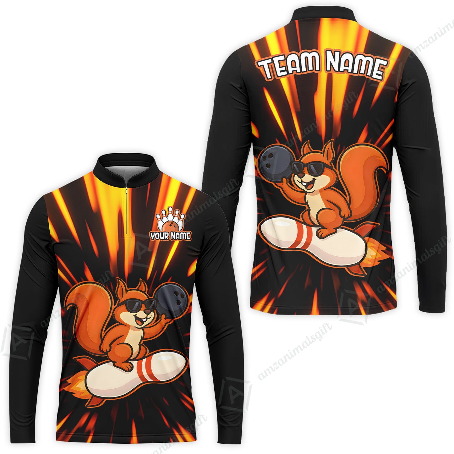 Funny Bowling Custom Polo T-Shirt - Fun Cartoon Flame With Squirrel Wearing Sunglasses, Personalized Bowling Jersey Polo Shirts