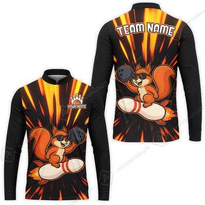 Funny Bowling Custom Polo T-Shirt - Fun Cartoon Flame With Squirrel Wearing Sunglasses, Personalized Bowling Jersey Polo Shirts