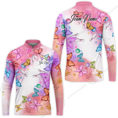 Custom Bowling Jersey Polo Shirt, Whimsical Butterfly Watercolor, Custom Bowling Jersey Team Shirt For Players With Name and Team Name