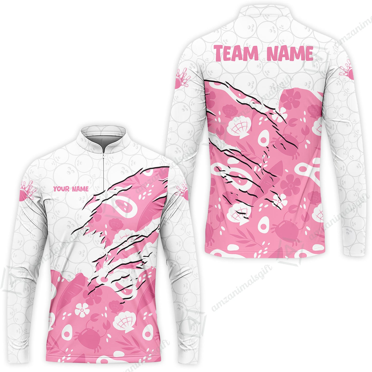 Custom Bowling Jersey Polo Shirt, Pattern Crab Half Crenate Ark Flower Glass, Personalize Name and Team Name