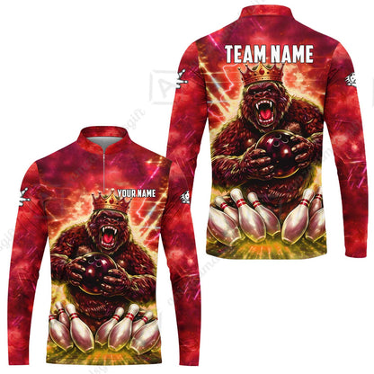 Custom Bowling Jersey Polo Shirt, King Gorilla Holding Bowling Ball, Custom Bowling Jersey Team Shirt For Players With Name & Team Name